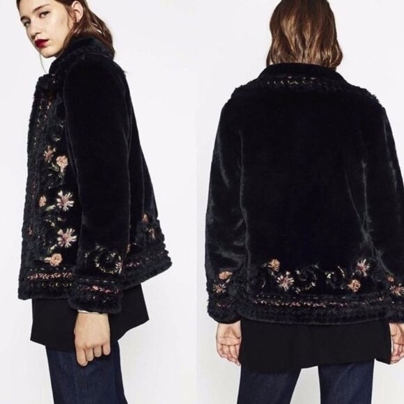 ZARA Boho Embroidered Faux Fur Teddy Coat - Picture 4 of 8